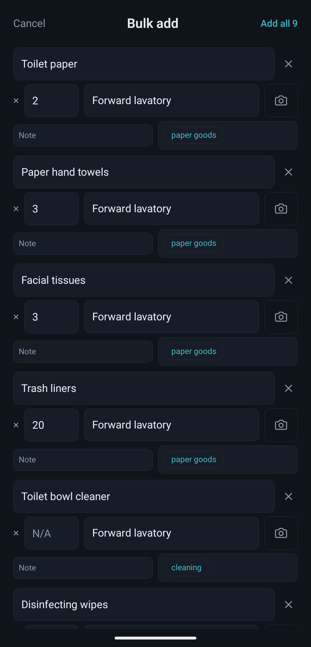 Bulk add: the same walkthrough turned into rows, each with a name, a quantity, the Forward lavatory as its place and a suggested tag, ready to add all nine.
