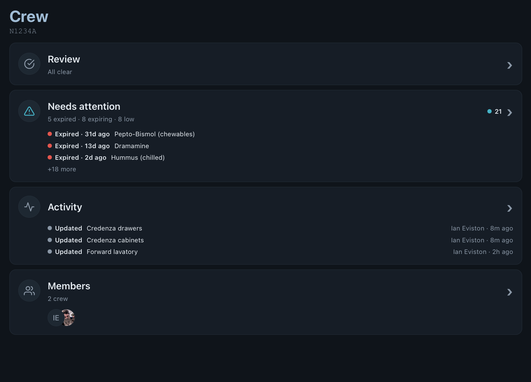 The Crew tab on an iPad: Review, all clear. Needs attention, 5 expired, 8 expiring, 8 low. Activity, three updates, each with the crew member’s name and how long ago. Members, 2 crew.