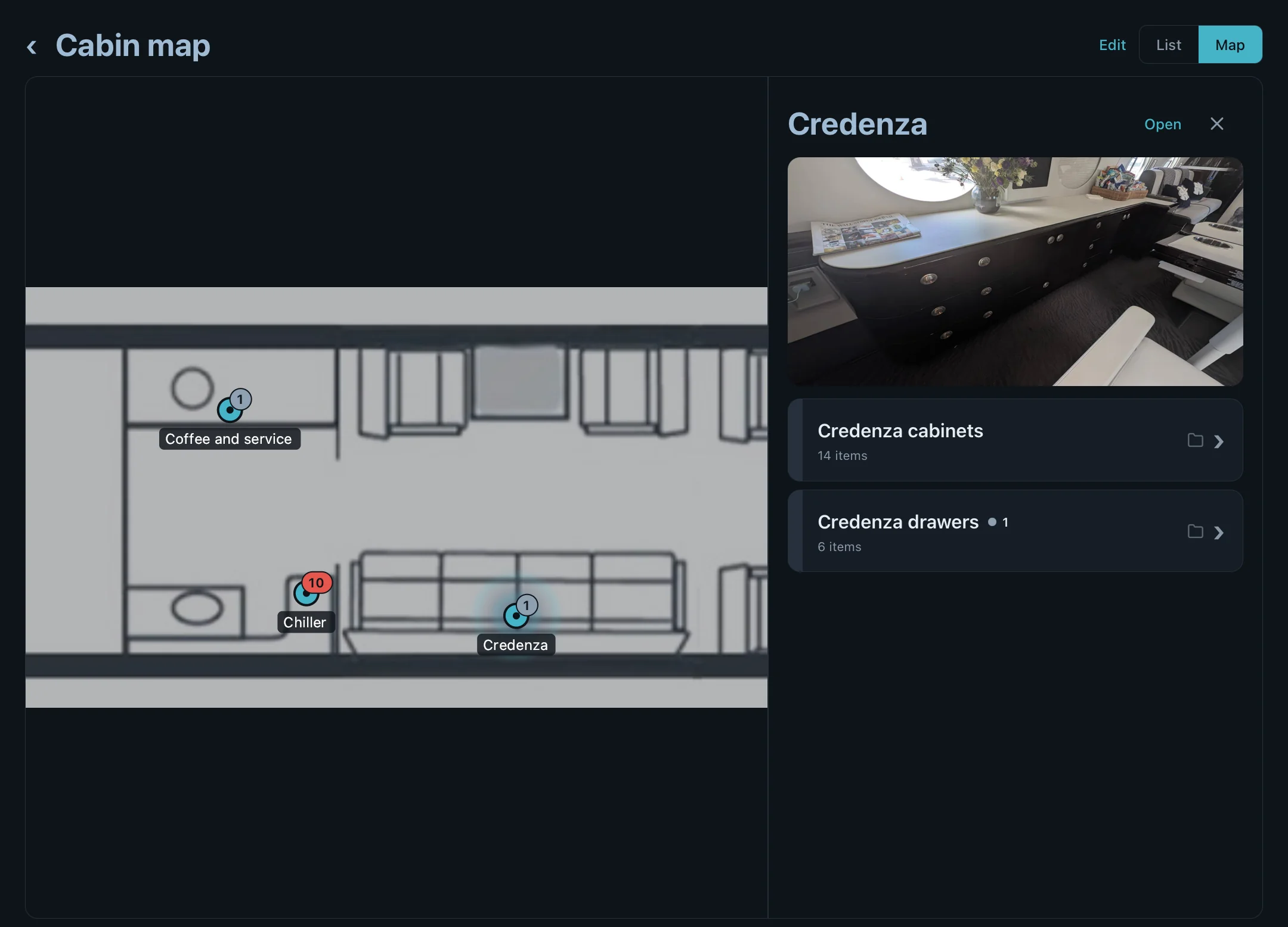 Cabin map: every storage space pinned on a plan of the cabin. The Credenza is selected, with a photo of it and the cabinets and drawers inside.