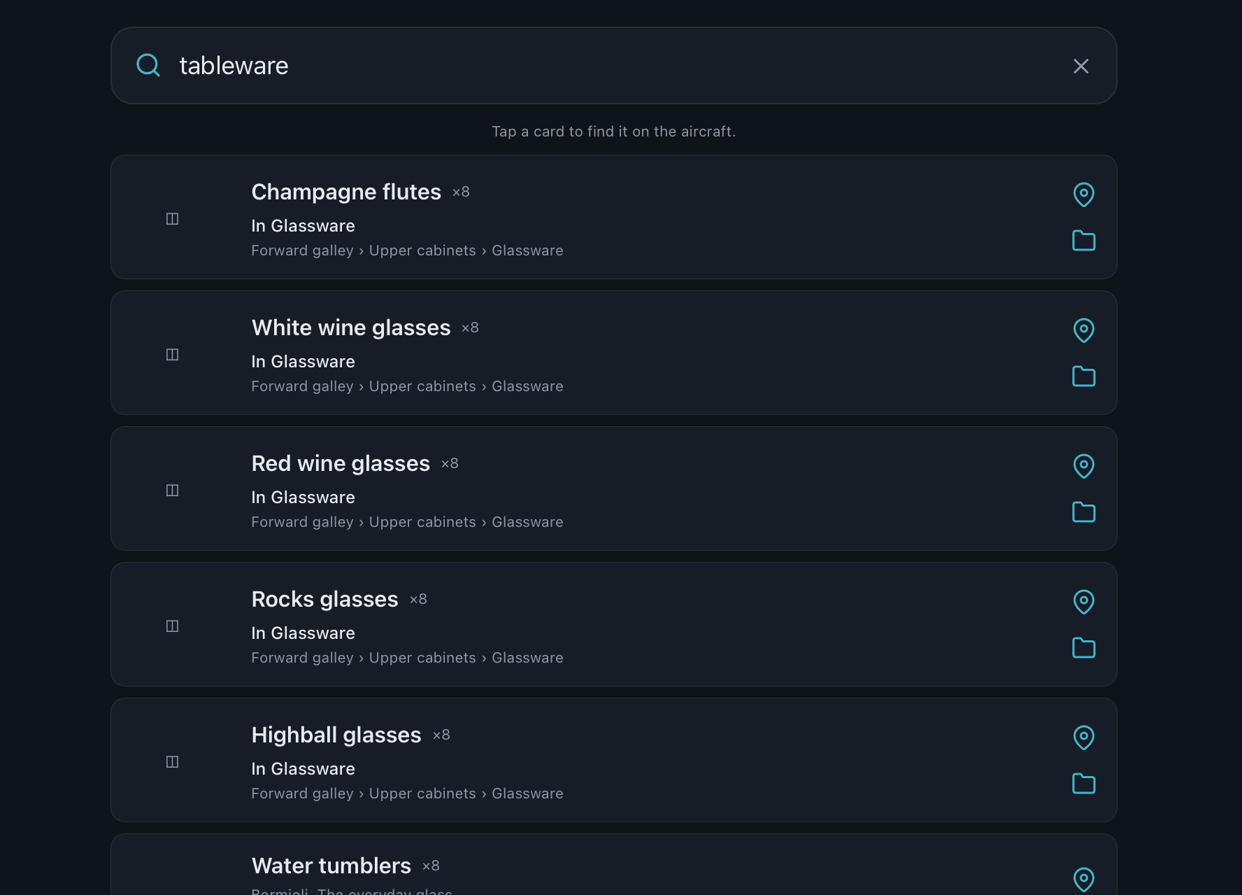 Search results for “tableware”. Every result names its place on the aircraft: Forward galley, Upper cabinets, Glassware.